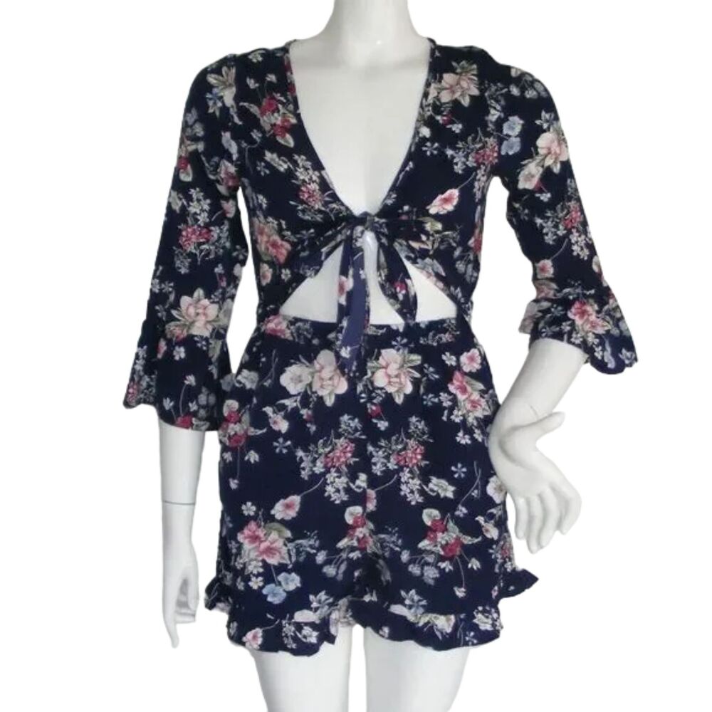 NASTY GAL Romper, 6, Blue Floral, Short, Tie Front, 3/4 Bell sleeve